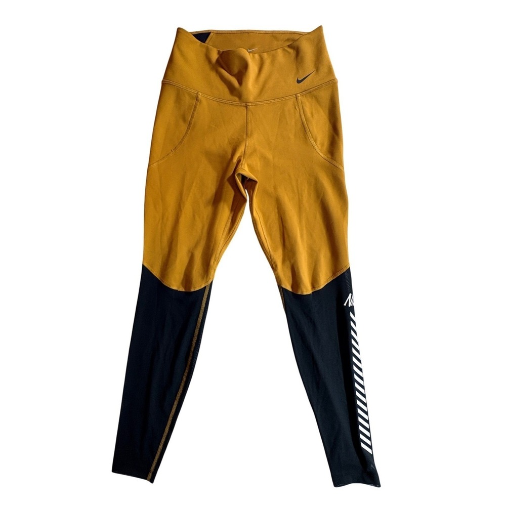 Nike Dri-FIT Running Leggings Womens Small Gold Black Colorblock Reflective Pant